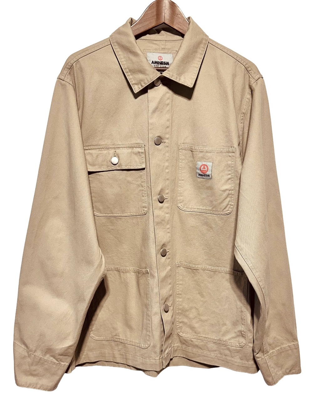 Amnesia Off-Line Canvas Chore Jacket Beige Workwear Snap Front Utility Large